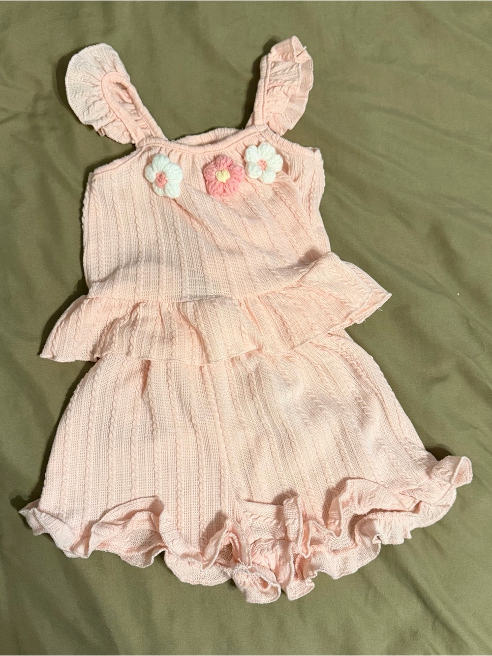 Girls Light Pink Ruffled Knit Romper with Flower Appliqués